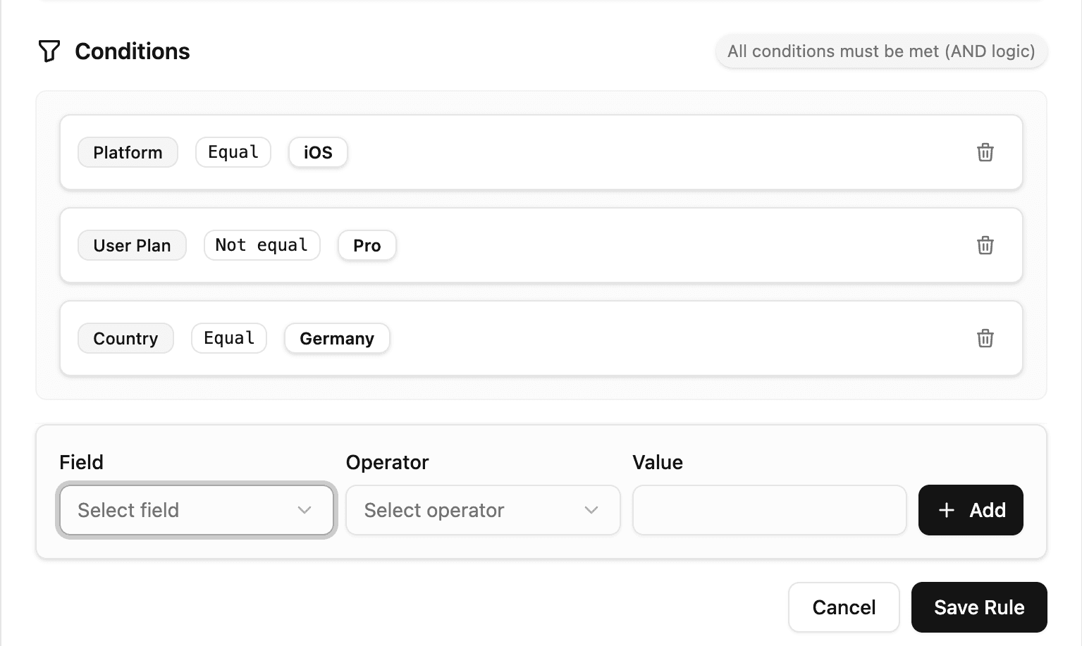 PNTA rules engine interface for targeting users with flexible segment rules